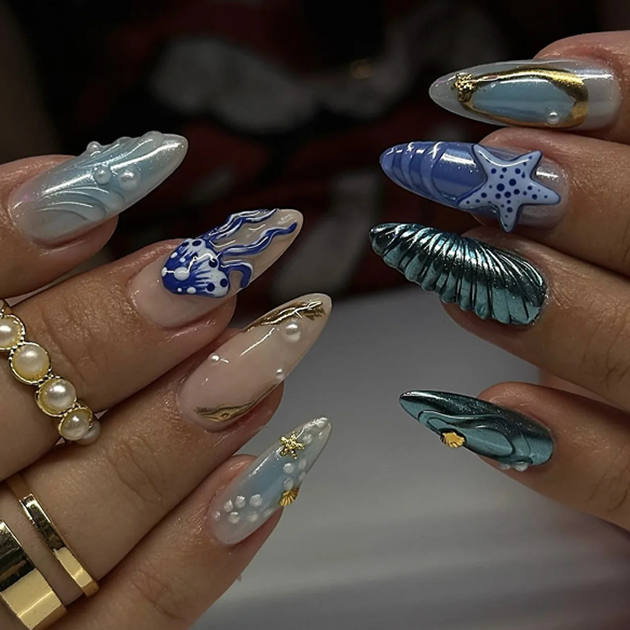 Blue Cat Eye Long Stiletto Press-On Nails