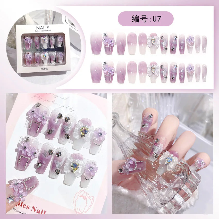 Pink Moon Star Rhinestone Long Coffin Press-On Nails