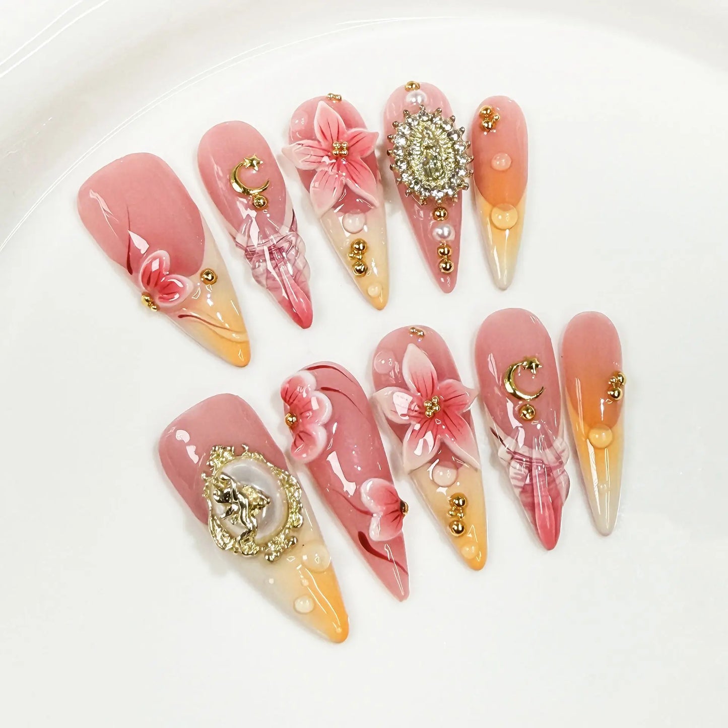 Butterfly Camellia Long Stiletto Press-On Nails