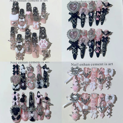 Y2K Punk Metal Bow Long Coffin Press-On Nails