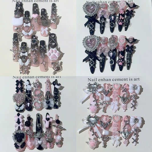 Y2K Punk Metal Bow Long Coffin Press-On Nails