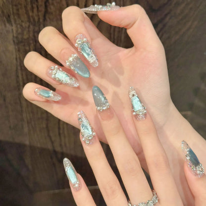 Ice Blue Crystal Cat Eye Pearl Press-On Nails