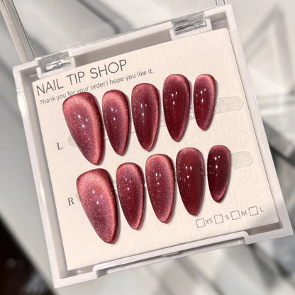 Red Cat Eye Mid-Length Almond Press-On Nails