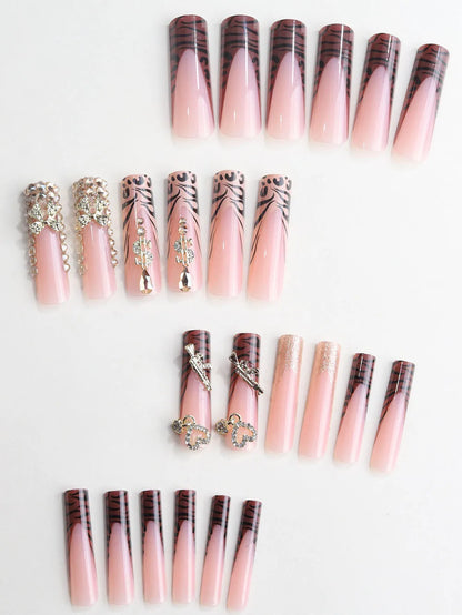 Pink Leopard Glitter Long Square Press-On Nails