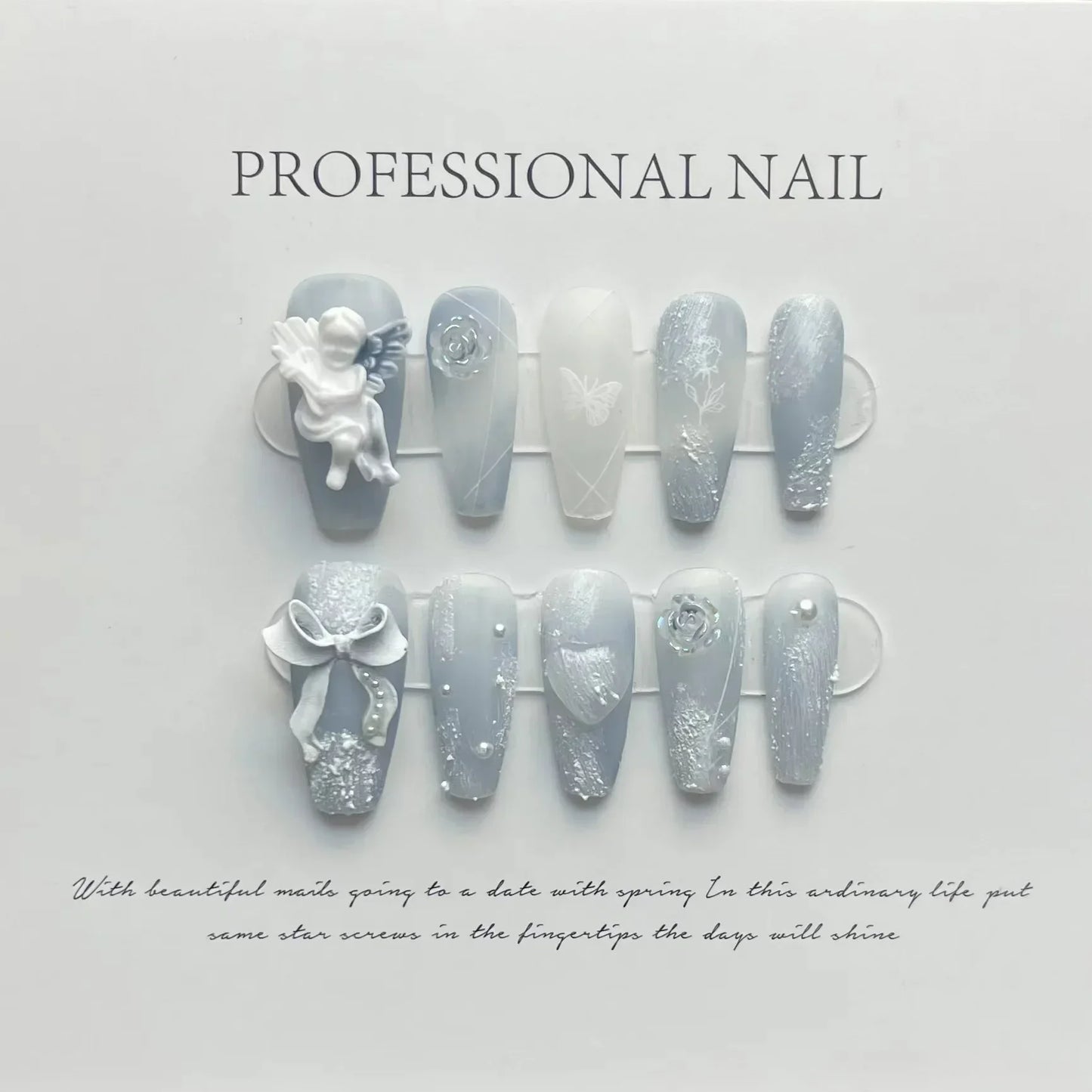 Blue Ocean Moon Rhinestone Long Ballet Press-On Nails
