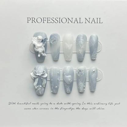 Blue Ocean Moon Rhinestone Long Ballet Press-On Nails