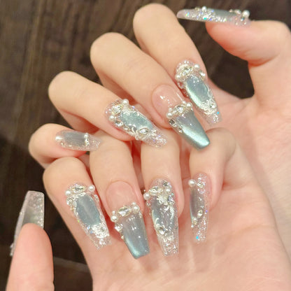 Ice Blue Crystal Cat Eye Pearl Press-On Nails