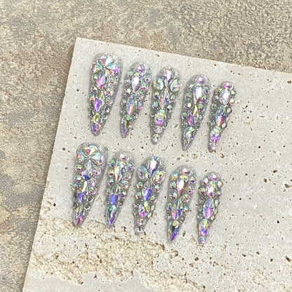 Blue Diamond Long Stiletto Press-On Nails