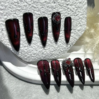 Dark Blood Red Cat Eye Long Press-On Nails