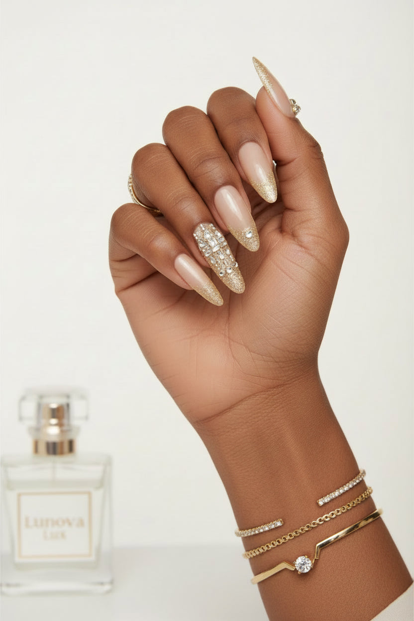 Green Cat Eye French Almond Nails