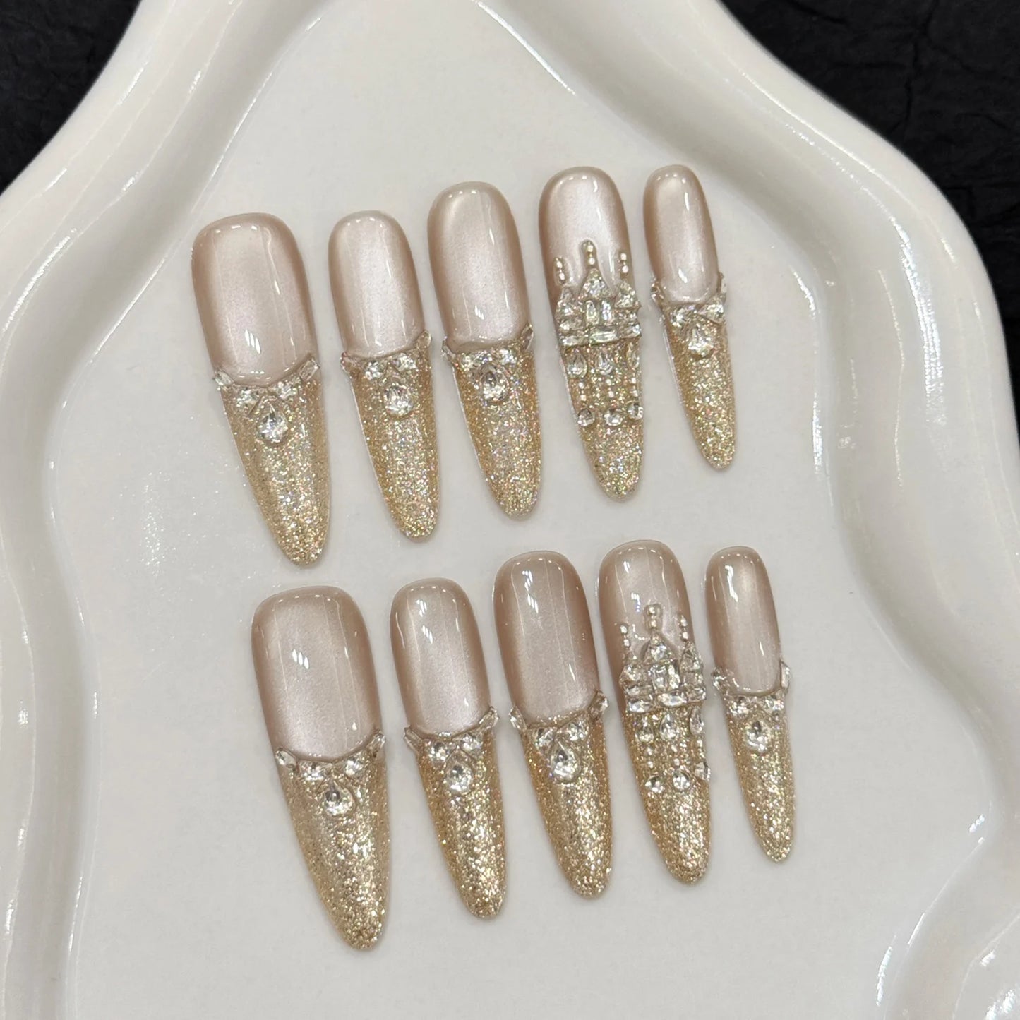 Green Cat Eye French Almond Press-On Nails