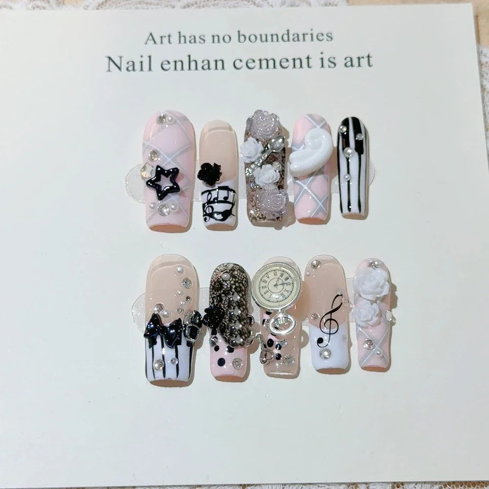 Y2K Punk Metal Bow Long Coffin Press-On Nails