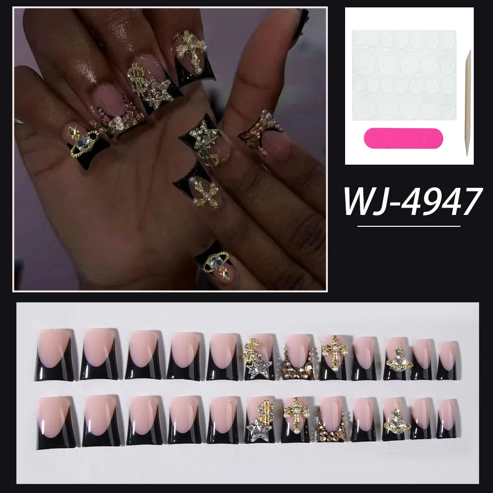 Black French Cross Long Duck Press-On Nails