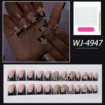 Black French Cross Long Duck Press-On Nails