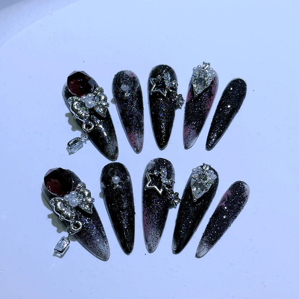 Y2K Punk Metal Bow Long Coffin Press-On Nails