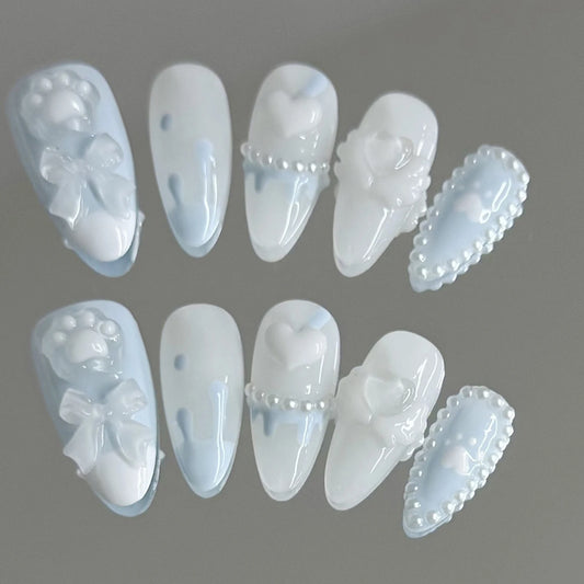 Light Blue Bear Paw Almond Press-On Nails