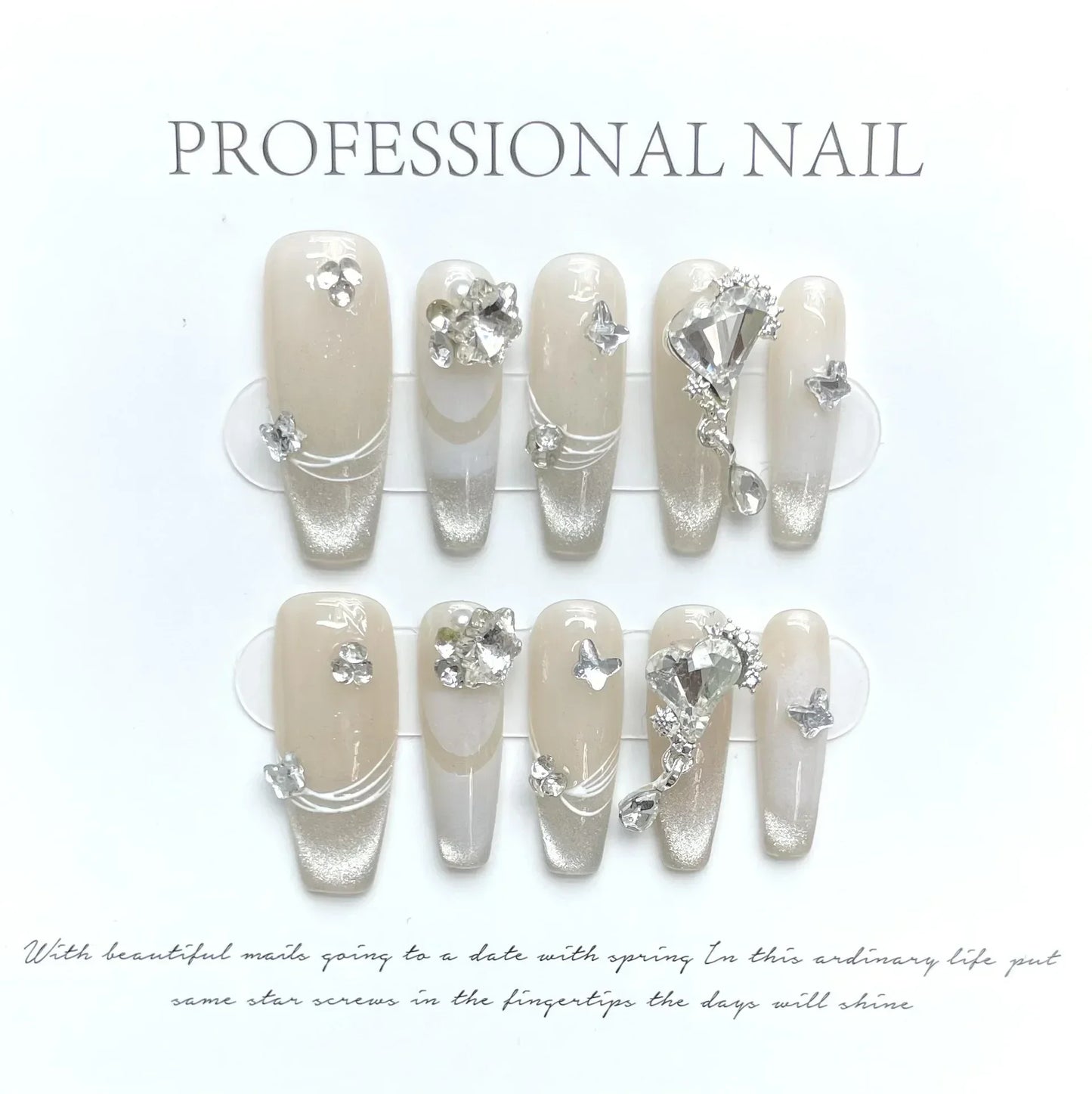 Blue Ocean Moon Rhinestone Long Ballet Press-On Nails