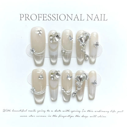 Blue Ocean Moon Rhinestone Long Ballet Press-On Nails