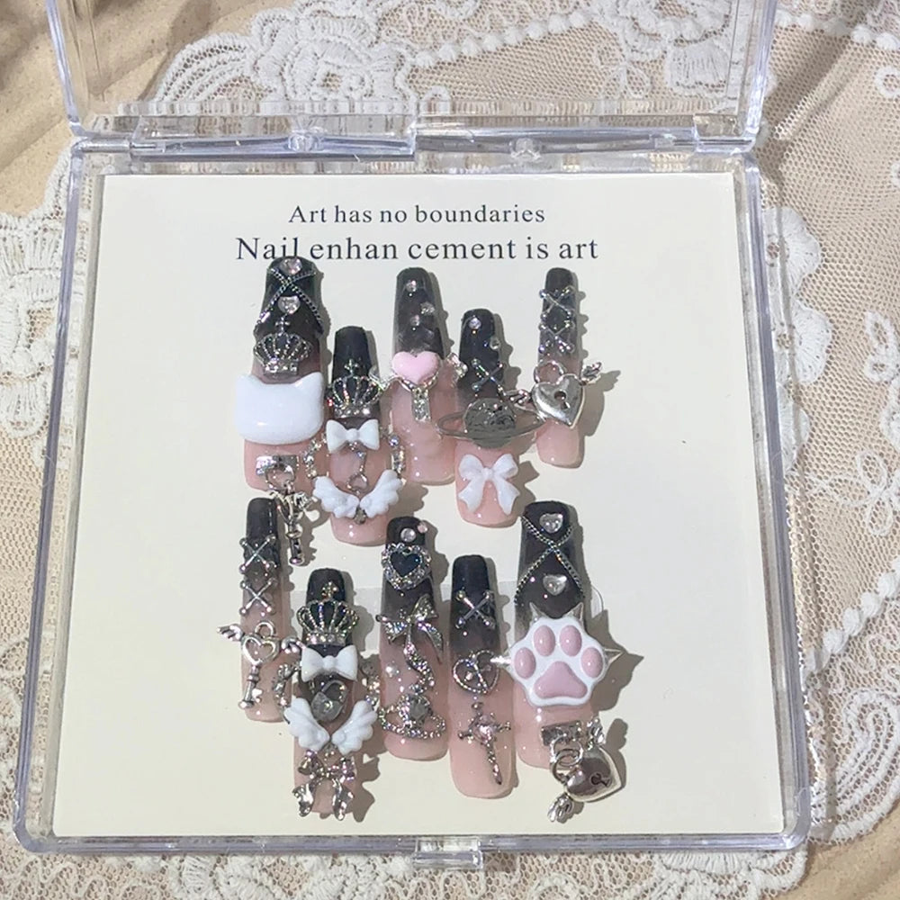 Y2K Punk Metal Bow Long Coffin Press-On Nails