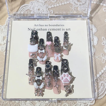 Y2K Punk Metal Bow Long Coffin Press-On Nails