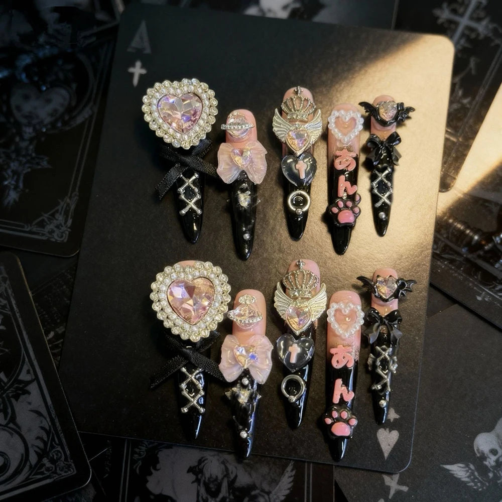 Y2K Punk Metal Bow Long Coffin Press-On Nails