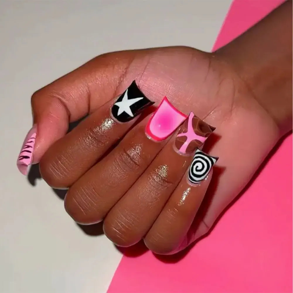 Black French Cross Long Duck Press-On Nails