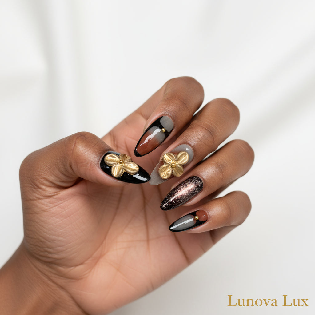 Golden Bloom French Almond Nails