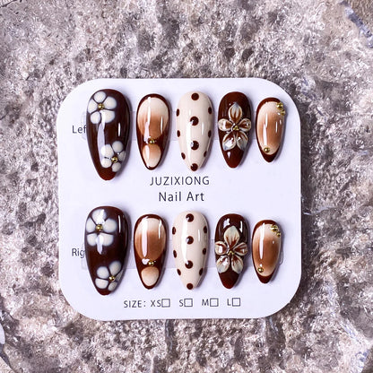 Brown Three-Flower Handmade Press-On Nails