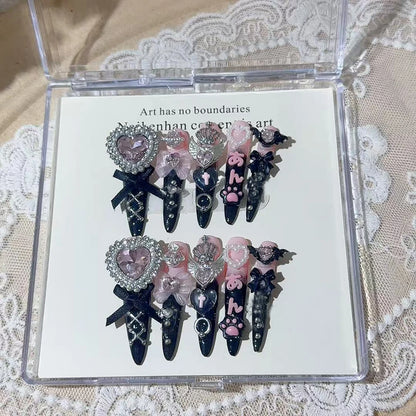 Y2K Punk Metal Bow Long Coffin Press-On Nails