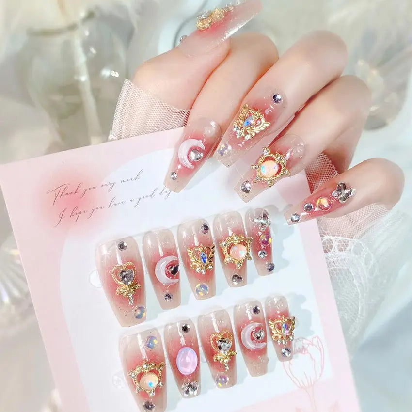 Pink Moon Star Rhinestone Long Coffin Press-On Nails
