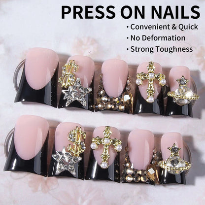 Black French Cross Long Duck Press-On Nails