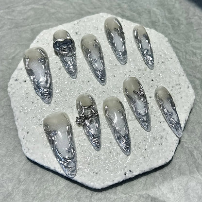 Gradient Silver Vine Heart Long Press-On Nails