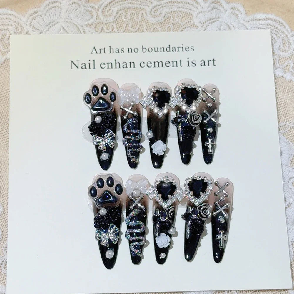 Y2K Punk Metal Bow Long Coffin Press-On Nails
