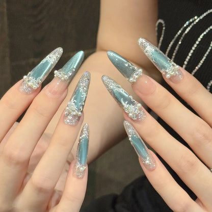 Ice Blue Crystal Cat Eye Pearl Press-On Nails