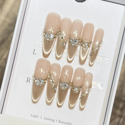 Green Cat Eye French Almond Press-On Nails