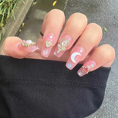 Pink Moon Star Rhinestone Long Coffin Press-On Nails