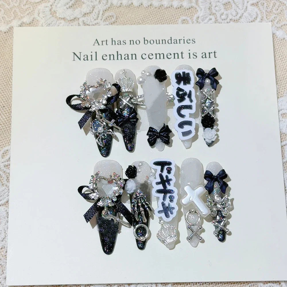 Y2K Punk Metal Bow Long Coffin Press-On Nails