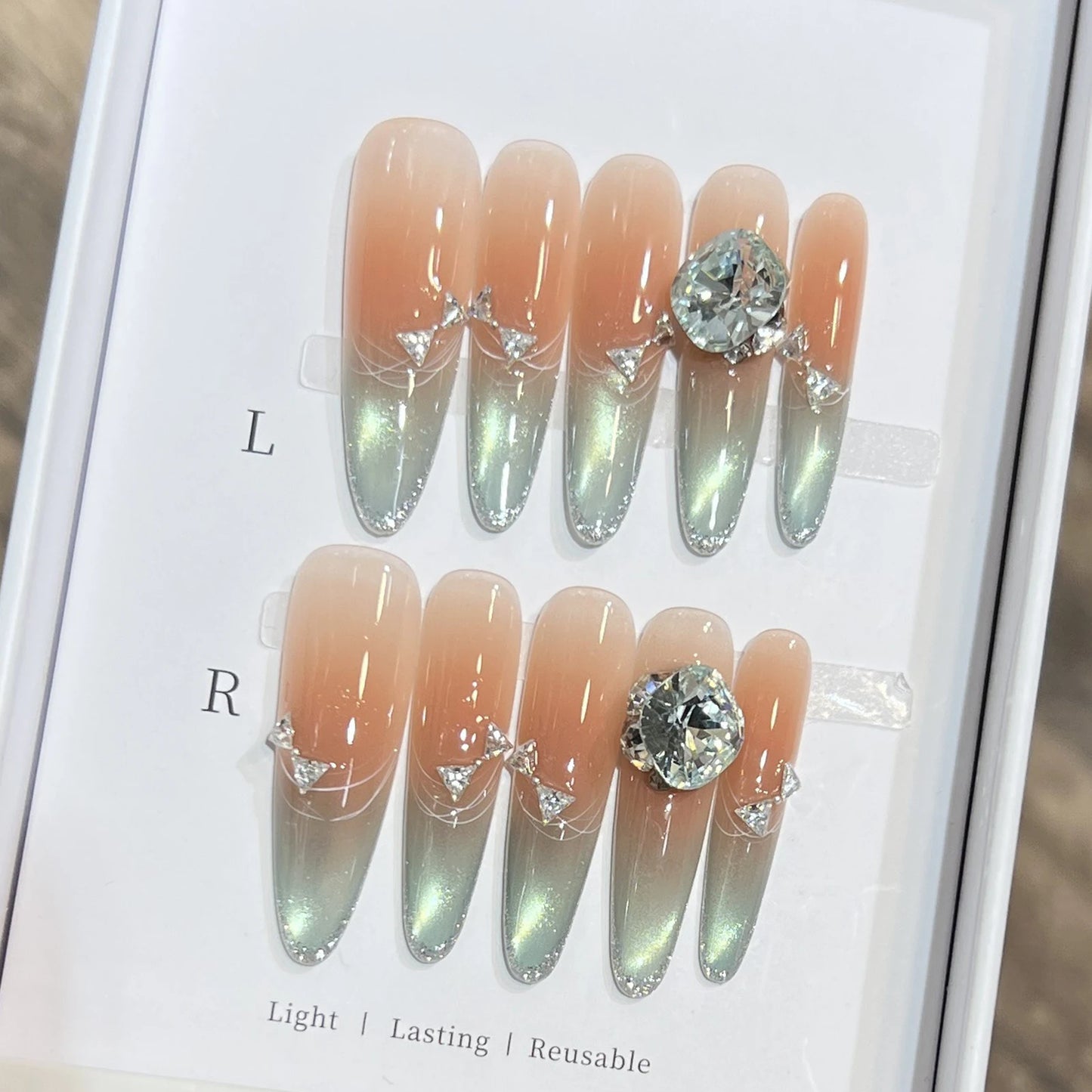 Green Cat Eye French Almond Press-On Nails