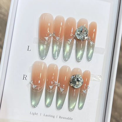 Green Cat Eye French Almond Press-On Nails