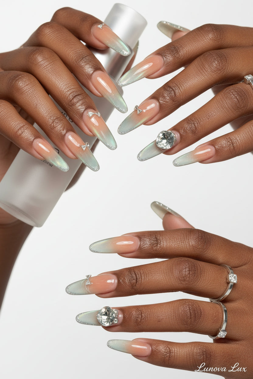 Green Cat Eye French Almond Nails