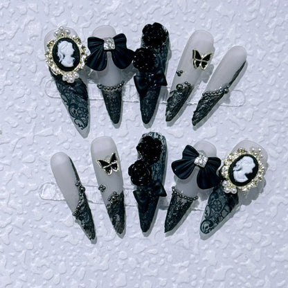 Butterfly Camellia Long Stiletto Press-On Nails