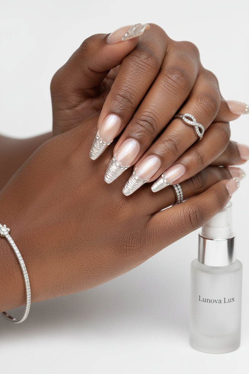 Green Cat Eye French Almond Nails
