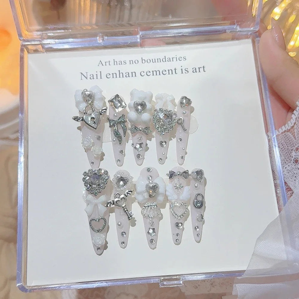 Y2K Punk Metal Bow Long Coffin Press-On Nails