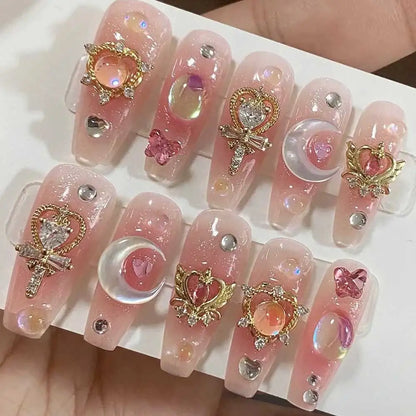 Pink Moon Star Rhinestone Long Coffin Press-On Nails