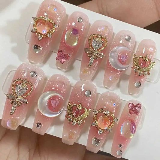 Pink Moon Star Rhinestone Long Coffin Press-On Nails