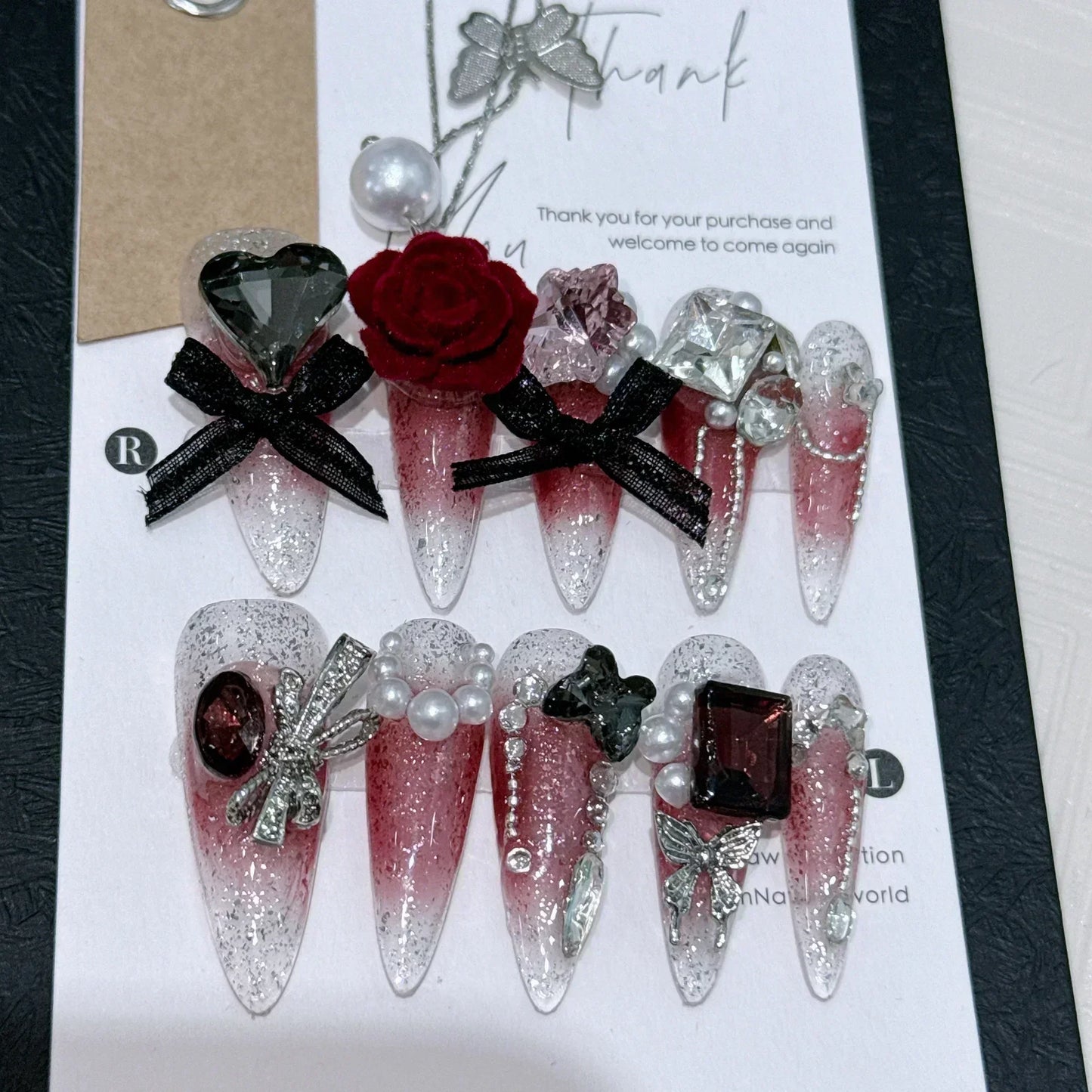 Butterfly Camellia Long Stiletto Press-On Nails