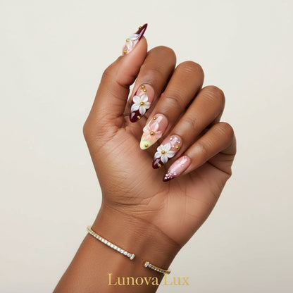 Golden Bloom French Almond Nails