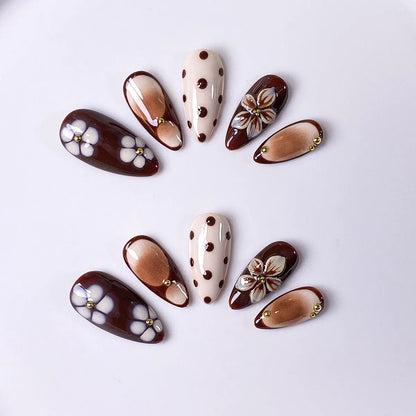 Brown Three-Flower Handmade Press-On Nails