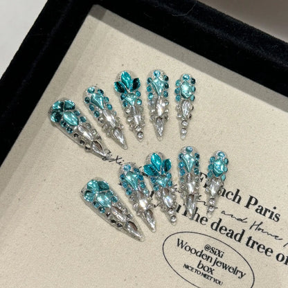 Blue Diamond Long Stiletto Press-On Nails