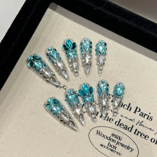 Blue Diamond Long Stiletto Press-On Nails
